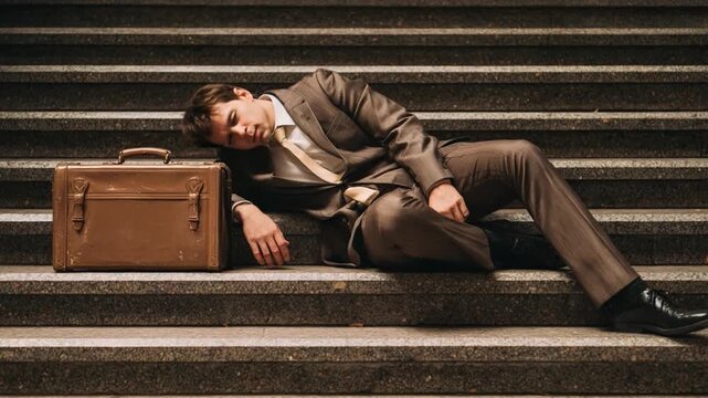 Weary Traveler's Downtime: A solitary figure in a suit finds respite on the steps, a briefcase by their side, embodying exhaustion and a moment of rest in an urban environment.