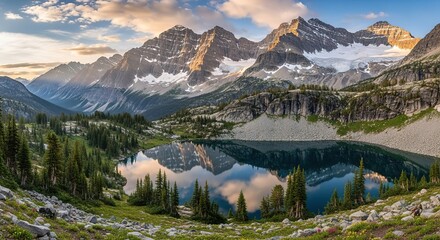 Majestic mountain range reflecting in a crystal clear alpine lake surrounded by evergreen forests under a dramatic sky at sunrise