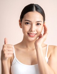 Smiling woman shows thumb up and touches face