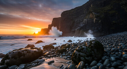 Powerful Ocean Waves Crashing Against Rugged Cliffs at Sunset