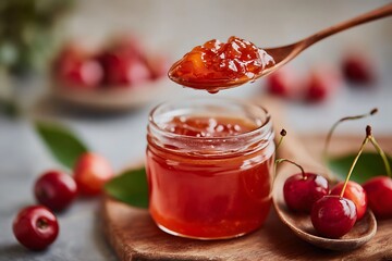 A spoonful of homemade cherry jam lifted from a small jar, surrounded by fresh cherries, symbolizing harvest, home preserving, sweet breakfast, and natural goodness.