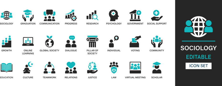 Sociology icon set. Graduation, communication, progress, research, psychology, government, social support, growth, dialogue solid collection.