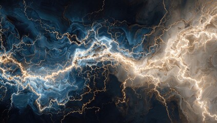 Abstract digital artwork depicting a swirling, marbled texture in cool blues and warm beiges, interwoven with bright, branching, lightning-like lines