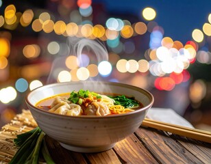 Steaming Bowl of Noodles and Dumplings on Wooden Table with Bokeh City Lights Background