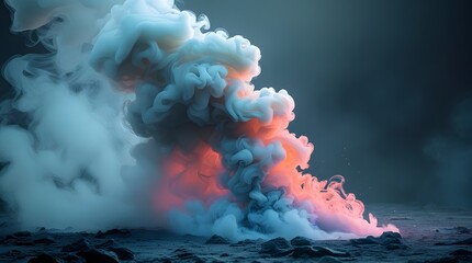 Dramatic explosion of colored smoke and fire in dark environment