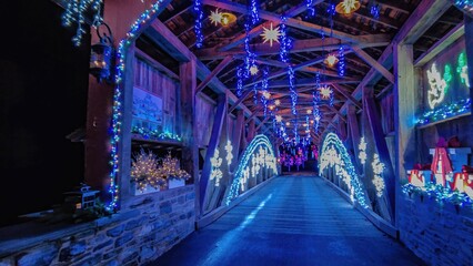 Visitors cross a beautiful wooden bridge adorned with vibrant blue lights and snowflake decorations. The festive atmosphere creates a magical experience for all who walk through.