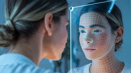 Woman's Face Scanned by Futuristic Facial Recognition Technology security identification