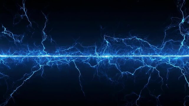 Abstract depiction of electrical energy with blue lightning bolts across a black background