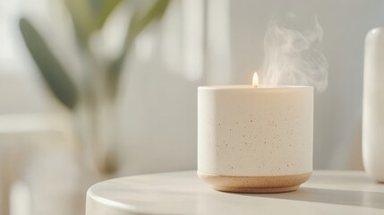 Aromatherapy candle burning with gentle smoke rising, creating a serene atmosphere for relaxation and peaceful moments.
