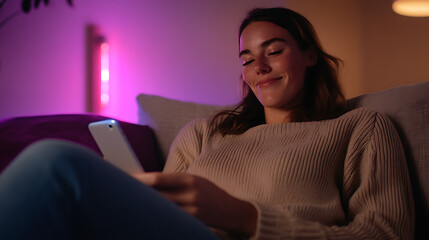 Obraz premium Woman relaxing at home. Cozy on the couch, she's lost in her phone. Soft lighting and a relaxed mood create a comfortable, peaceful scene. #athome #relaxing