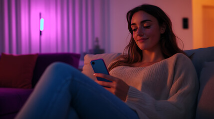 Obraz premium Young woman relaxing on a sofa at home, illuminated by colorful mood lighting while browsing her smartphone in a serene and cozy atmosphere.