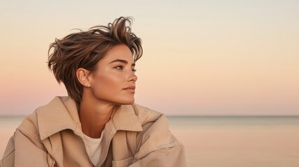 Woman with short hair gazes peacefully at calm sea at sunset, embodying serene nature retreat and healthy lifestyle feelings.