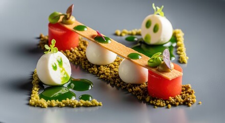 Experience culinary artistry with this stunningly plated modern appetizer featuring vibrant greens, fresh mozzarella, and delicate garnishes on a sleek grey dish.