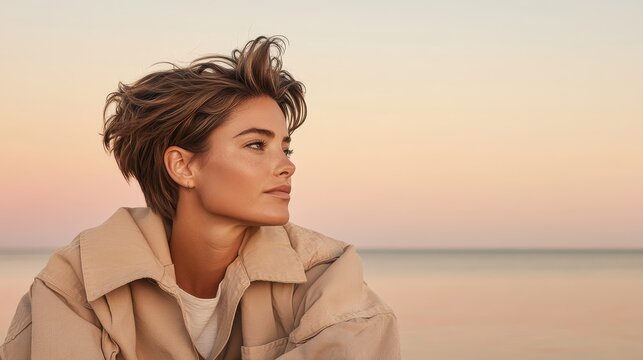 Woman with short hair gazes peacefully at calm sea at sunset, embodying serene nature retreat and healthy lifestyle feelings. - Powered by Adobe