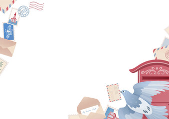 Pigeon post, vintage envelopes, stamps, red mailbox horizontal frame. Mail items in soft pastel style. Vector template for greeting cards, postal themes, invitations, stationery, and web design.