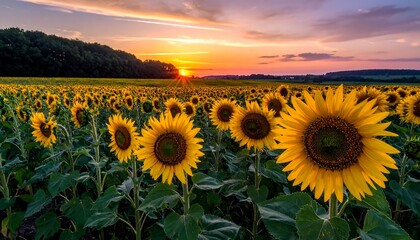 Field of sunflowers under sunset sky
