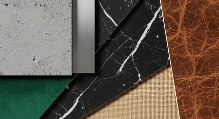 Luxurious textures blend concrete, brushed metal, black marble, natural weave, and rich brown leather for sophisticated modern interior design inspiration.