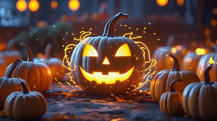 Spooky jack o lantern glows with fiery energy surrounded by pumpkins