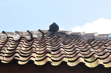 Traditional clay roof tiles with moss under bright sunlight