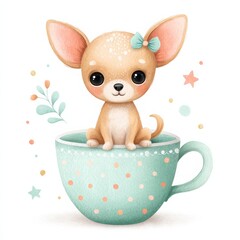 Cute Chihuahua Sitting in a Teacup with Whimsical Decor Elements