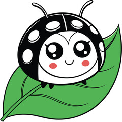 Naklejka premium Cute Kawaii Ladybug on Green Leaf