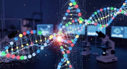 Dynamic 3D DNA helix hologram glowing with vibrant colors in a modern research laboratory, symbolizing scientific discovery and genetic innovation.