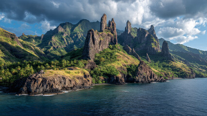 Fototapeta premium Dramatic coastline of majestic volcanic island, remote landscape with green mountains and sharp rock formations