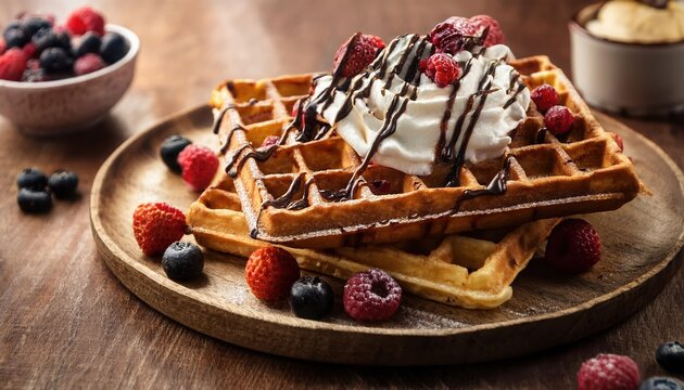 Homemade waffles topped with whipped cream and mixed berries served on a wooden platter - Powered by Adobe