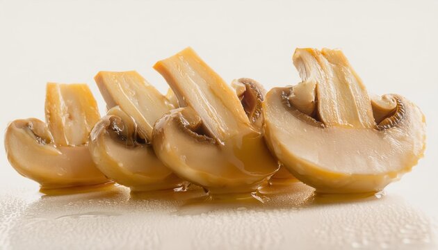 Fresh sliced mushrooms with water droplets resting on a white surface, showcasing their natural texture and moisture
