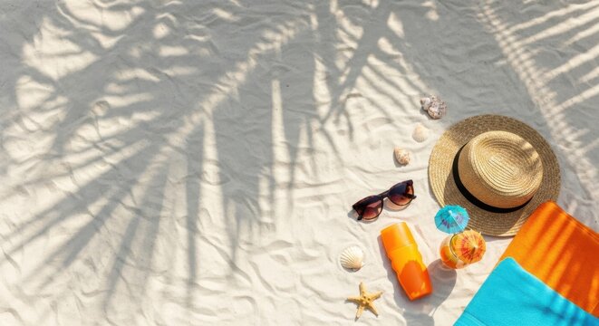 Tropical beach vacation essentials sunglasses hat sunscreen and toy on sandy shoreline with palm tree shadows