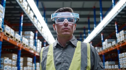 Warehouse worker using augmented reality smart glasses for efficient inventory management and order picking, digital information overlay on real-time logistics workflow, modern industrial technology - Powered by Adobe