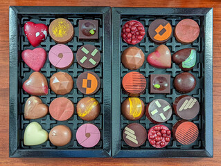 Assorted Gourmet Chocolates in a Black Gift Box on Wooden Table