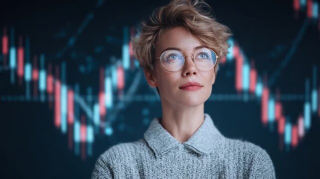 Visionary's Gaze Amidst the Market: A confident woman, adorned in spectacles, embodies financial acumen and strategic vision, gazing thoughtfully against a backdrop of fluctuating market indicators.