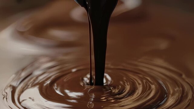 Close-up of dark, viscous liquid pouring into a swirling pool, creating circular patterns