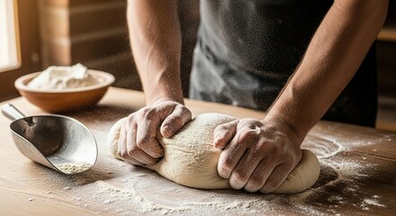 Skilled hands expertly knead fresh dough on a rustic wooden table, creating a warm, artisanal baking atmosphere with flying flour dust.