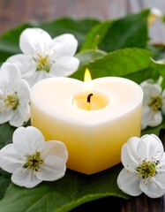 Heart-shaped candle surrounded by spring blossoms
