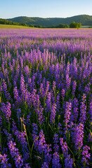 Vibrant Purple Flower Field Under Blue Sky with Distant Green Hills