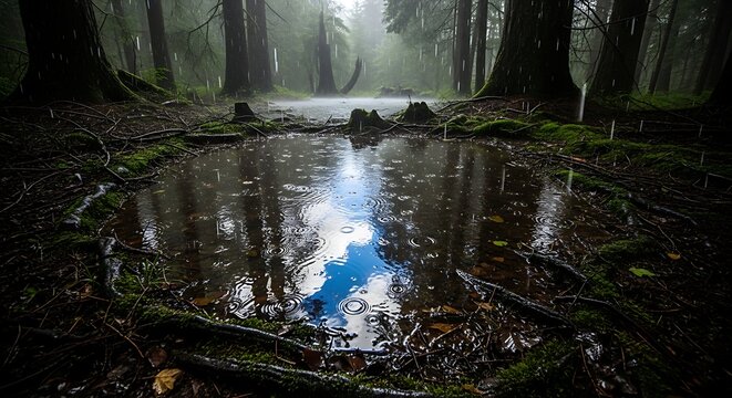 A rainy forest scene with raindrops hitting a puddle, which reflects a small patch of blue sky surrounded by dark tree trunks, roots, and green moss.
- Powered by Adobe