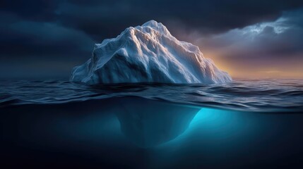 Fototapeta premium Dramatic iceberg split view showing climate change concept. A stunning iceberg floating in dark waters under stormy skies.