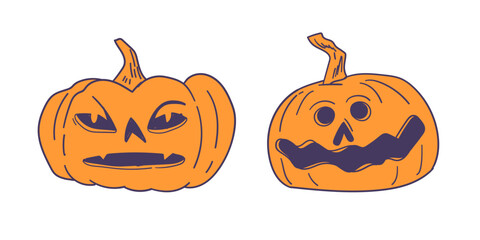 cartoon jack-o’-lanterns with different expressions, spooky and humorous Halloween clip art