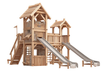 Wooden playhouse with two slides