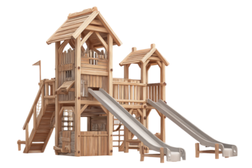 Wooden playhouse with two slides
