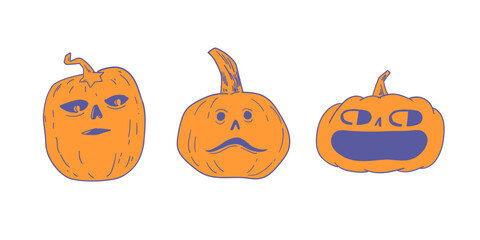 cartoon jack-o’-lanterns with different expressions, spooky and humorous Halloween clip art