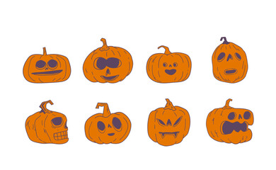Halloween pumpkins with funny and spooky carved faces, hand drawn vector illustration
