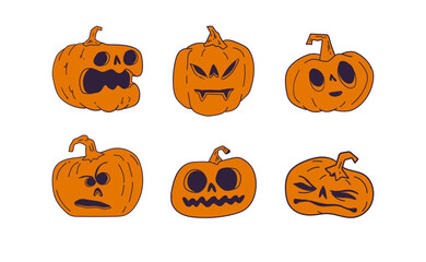 Halloween pumpkins with funny and spooky carved faces, hand drawn vector illustration