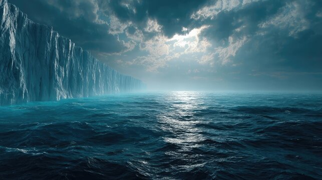 Dramatic iceberg split view showing climate change concept. A serene ocean view with calming waves and dramatic cloud cover.