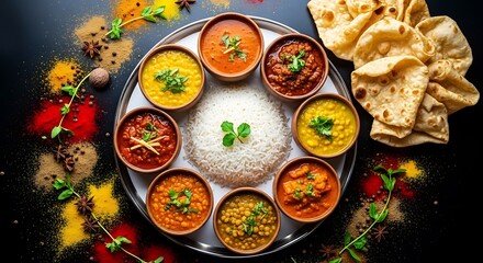 Vibrant Indian Thali with Spices and Flatbread