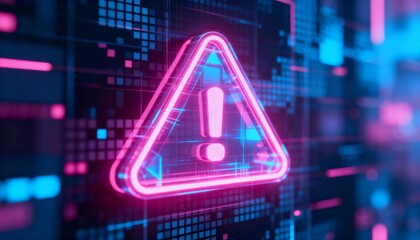 A virus alert warning displayed on a digital screen with red danger symbols and glitch effects, in a futuristic environment	