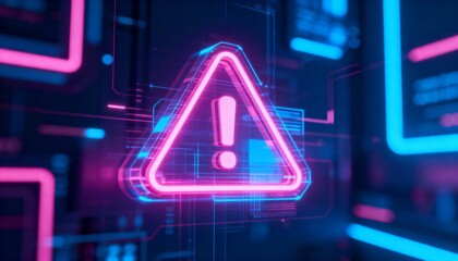 A virus alert warning displayed on a digital screen with red danger symbols and glitch effects, in a futuristic environment	