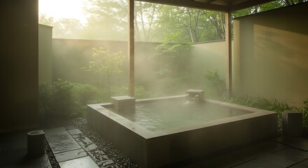 Outdoor Japanese Style Hot Spring Bath with Misty Atmosphere and Greenery